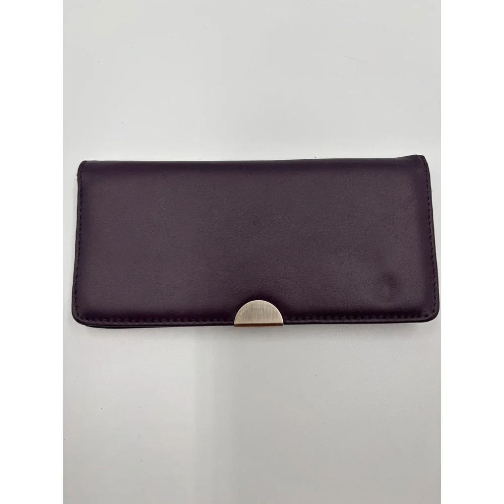 Purple Genuine Leather Slim Clutch Wallet with ID Window and Zipper Pocket